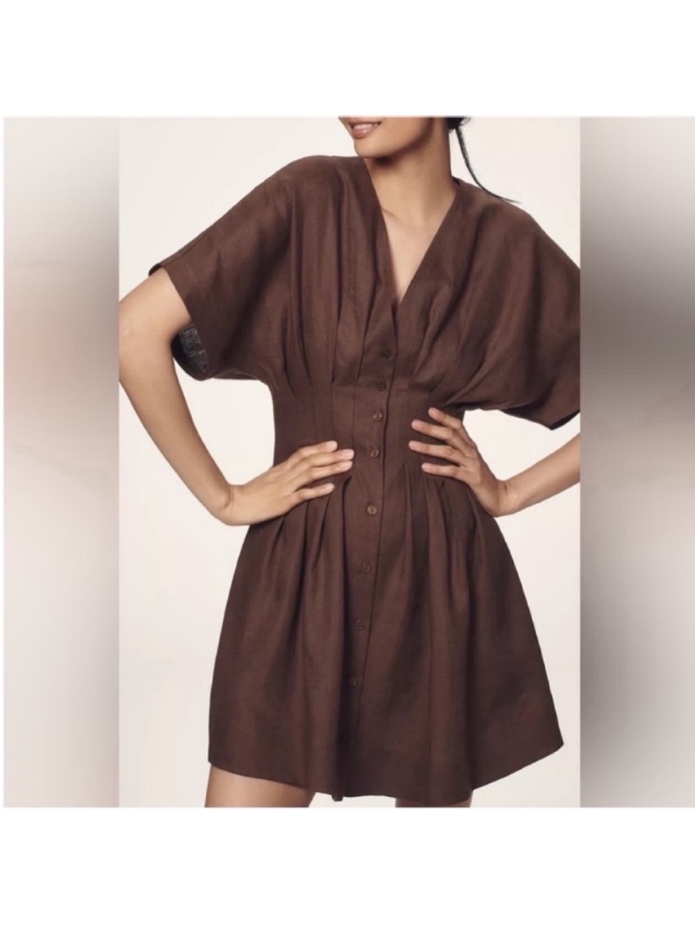 Elegant Brown V-Neck Button Mini Dress